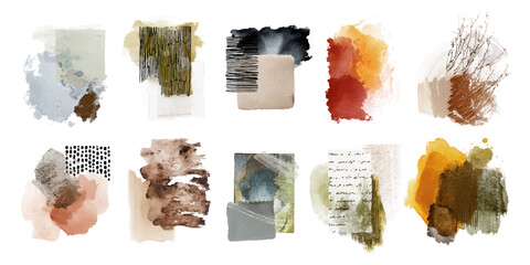 Collection of abstract watercolor and ink brush strokes in earthy and muted tones