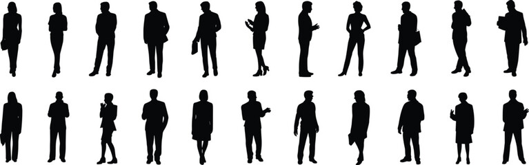 Silhouettes of twenty business people in professional poses, standing, gesturing, mobile use, corporate attire, workplace illustrationSilhouettes of twenty business people in professional poses, 