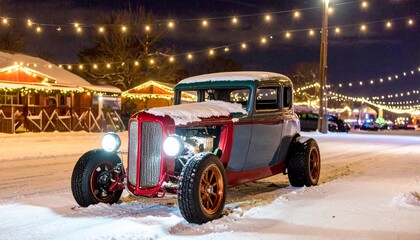 American classic hot rod with chrstmas decoration with garlands lights on winter snow foggy frosty night background
