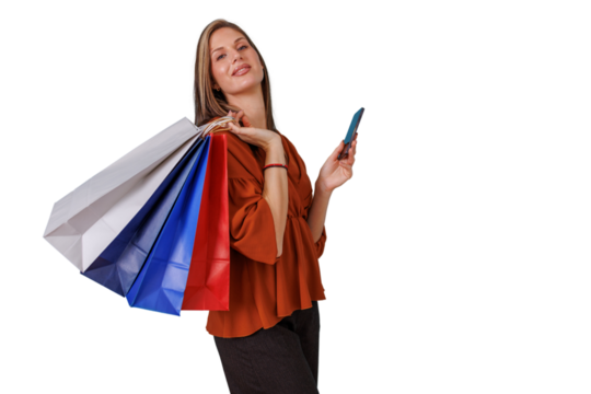 Woman shopping, holding bags and smartphone on transparent background, enjoying retail therapy and sales - Powered by Adobe