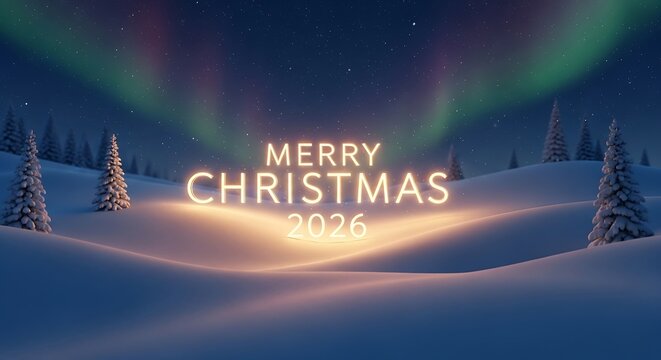 Merry christmas year two thousand twenty six in snowy landscape with aurora borealis display above