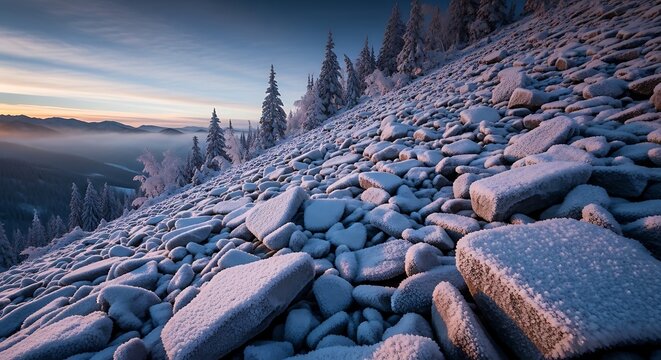 Frost-covered rocks on a snowy mountain slope at sunrise winter