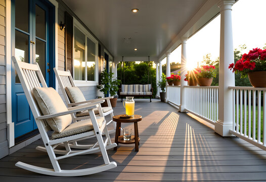 Classic American front porch with rocking chairs and lemonade at sunset
