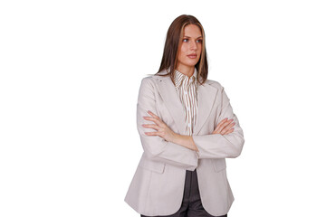 Confident businesswoman with arms crossed standing in smart casual outfit, looking serious and professional, transparent background