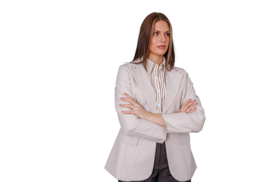 Confident businesswoman with arms crossed standing in smart casual outfit, looking serious and professional, transparent background