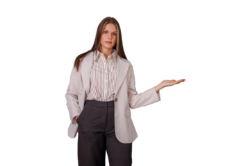 Confident young businesswoman presenting or showing empty hand gesture, offering space for product display, transparent background