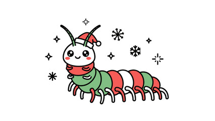 Festive Kawaii Centipede with Christmas Hat and Scarf Amidst Falling Snowflakes Illustration