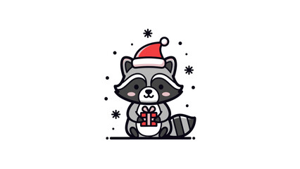 Festive Raccoon with Gift A charming holiday illustration of a cute raccoon in a Santa hat holding a present