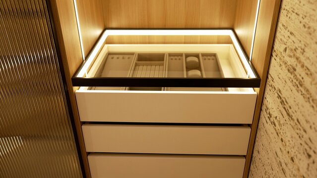 Modern closet drawer offering organized jewelry storage with led lighting