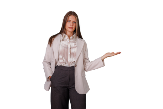 Confident young businesswoman presenting or showing empty hand gesture, offering space for product display, transparent background - Powered by Adobe
