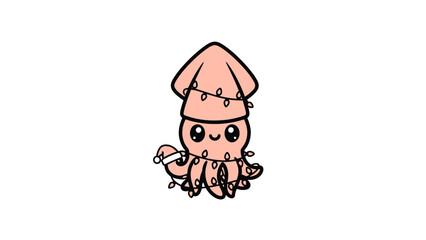 Adorable Squid Wrapped in Christmas Lights - Holiday Season Illustration