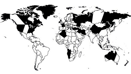 World Map Showing Countries with Black and White Patterns.
