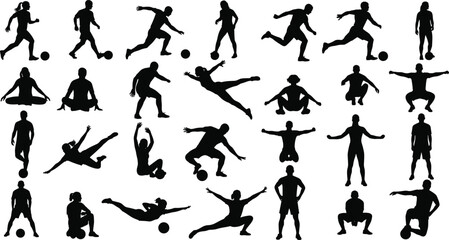 Collection of black silhouettes showing soccer players, fitness exercises, yoga poses, and stretching people, isolated on white background for sports and wellness design vector