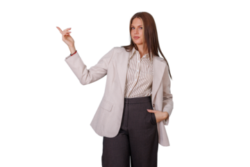 Confident businesswoman pointing up and presenting with a hand in pocket, posing in a blazer on transparent background