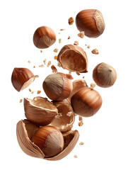 Fresh Hazelnuts Falling Top to Bottom on Transparent Background
