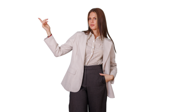 Confident businesswoman pointing up and presenting with a hand in pocket, posing in a blazer on transparent background - Powered by Adobe
