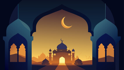 Illustration of mosque with crescent moon at night