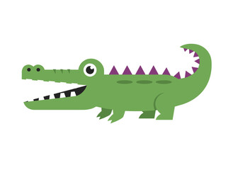 Fototapeta premium A flat vector illustration of a soft toy crocodile, a childlike plush plaything, smiling green alligator, cute exotic predator amphibian, isolated on a white background