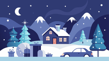 Winter night scene with house trees and gifts