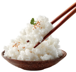 cooked white rice held with chopsticks in a bowl isolated on transparent background