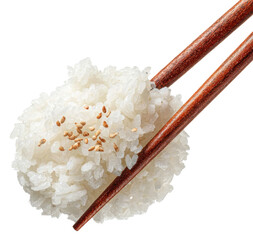 cooked white rice held with chopsticks isolated on transparent background