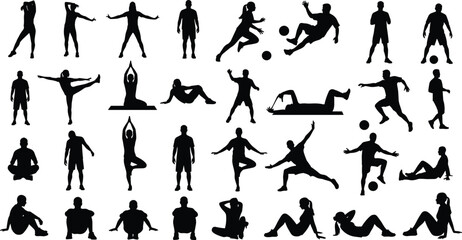 Collection of black vector silhouettes showing people doing yoga, playing soccer, stretching exercises, sitting men and women, fitness workout poses, isolated on white background