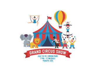Shapito circus promo poster featuring a humorous clown, a female juggler on a unicycle, a trained horse, a rabbit, and a magic act, with a placeholder for text, rendered as a flat vector cartoon