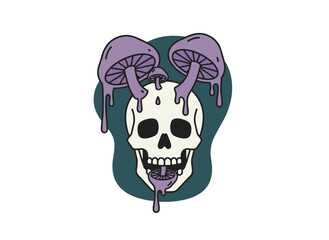 Fototapeta premium A skull sprouting toxic mushrooms, a deathly creepy horror skeleton, and a dead head bone rendered in vintage retro tattoo style—an ideal Halloween decoration, a mystical haunted hand‑drawn vector