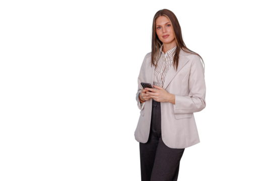 Businesswoman standing, holding smartphone, checking messages, working remotely, communicating, transparent background