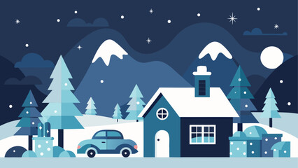 Fototapeta premium Winter landscape with house car and snow mountains