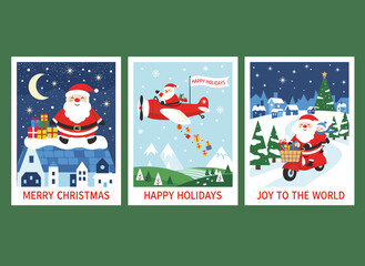 Set of Merry Christmas cards featuring a humorous Santa Claus on a motorcycle and a plane delivering gifts, along with winter holiday postcards and festive posters, all presented as flat vector
