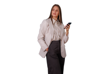 Young businesswoman standing, holding a mobile phone, looking away with a thoughtful expression on a transparent background
