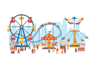 Naklejka premium A flat vector illustration of an amusement park featuring a circus, ferris wheel, carousel, roller coaster, and kiosks selling candies and ice cream, located in a city area for recreation and