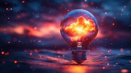 Burning cloud in glowing lightbulb