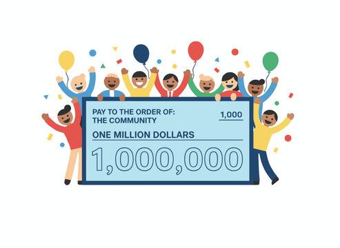 A cheerful couple holding a million‑dollar bank check in a flat vector illustration, surrounded by balloons and fireworks, standing alone on a white background as winners of a grant or lottery