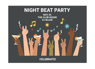 A modern vector poster for a night club party or music festival, featuring raised hands clutching drink bottles and cigarettes, designed as an invitation or advertisement
