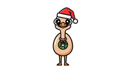Festive Ostrich Cartoon Bird in Santa Hat with Christmas Wreath Illustration