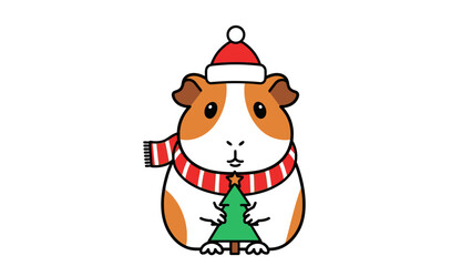 Festive Guinea Pig with Christmas Tree Illustration - Holiday Season Cheer & Pet Celebration