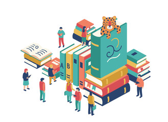 Template for a flyer or poster featuring small figures, large books, and a text area, suitable for book fairs, markets, exhibitions, or literature festivals, presented as a modern flat cartoon vector