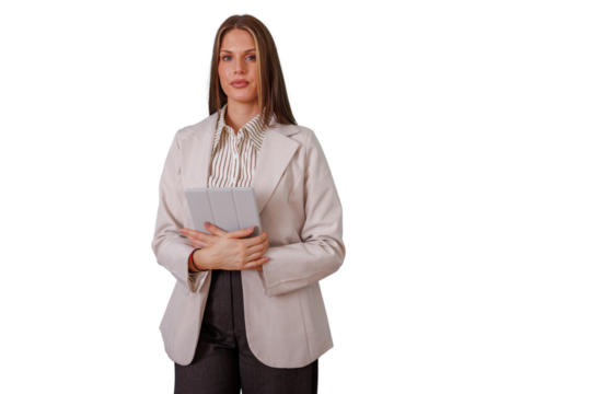 Businesswoman holding tablet presenting business technology and corporate confidence standing on transparent background - Powered by Adobe