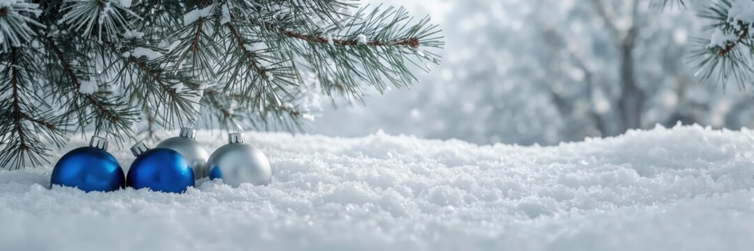 Blue and silver christmas ornaments in snow under pine tree branches for winter holiday backgrounds