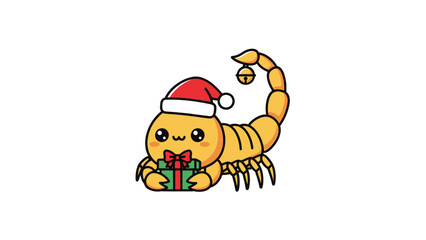 Christmas Scorpion with Gift A charming illustration of a cute scorpion wearing a Santa hat and holding a Christmas present