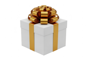 White gift box with gold ribbon and bow isolated on transparent background