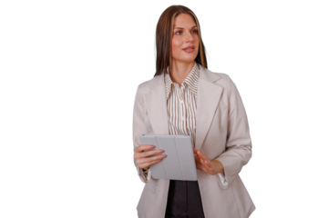 Businesswoman holding tablet, looking away with thoughtful expression, working with technology, transparent background