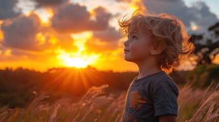 Child gazes at a vibrant sunset