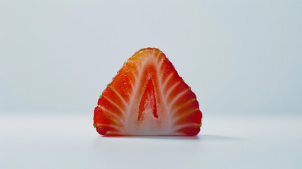 Freshly sliced strawberry showcasing vibrant color and unique shape on a clean white surface in bright lighting