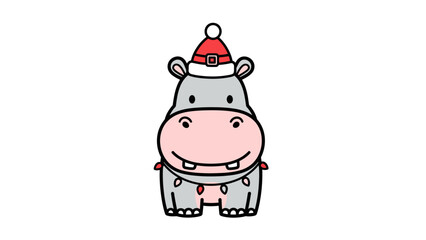 Festive Hippo Wearing a Santa Hat with Christmas Lights