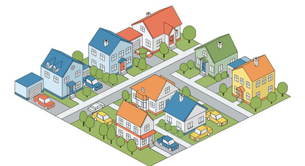 Isometric view of a charming suburban neighborhood with colorful houses and cars.