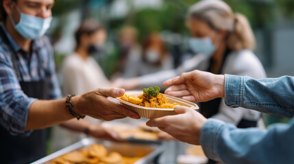 Volunteers serving food, poor people outdoors, meal distribution program, hunger relief effort, community kitchen service, charitable feeding activity, food security initiative, fa