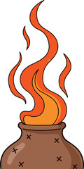 Cartoon clay pot vector illustration, stylized fire flames rising, traditional pottery design, warm cooking symbol, ritual artwork clipart for kids